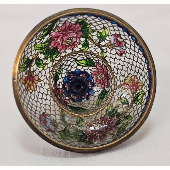 Cloisonne Plique-a-Jour Bowl & Covered Incense Burner Floral Butterfly Design - Picture 6 of 15